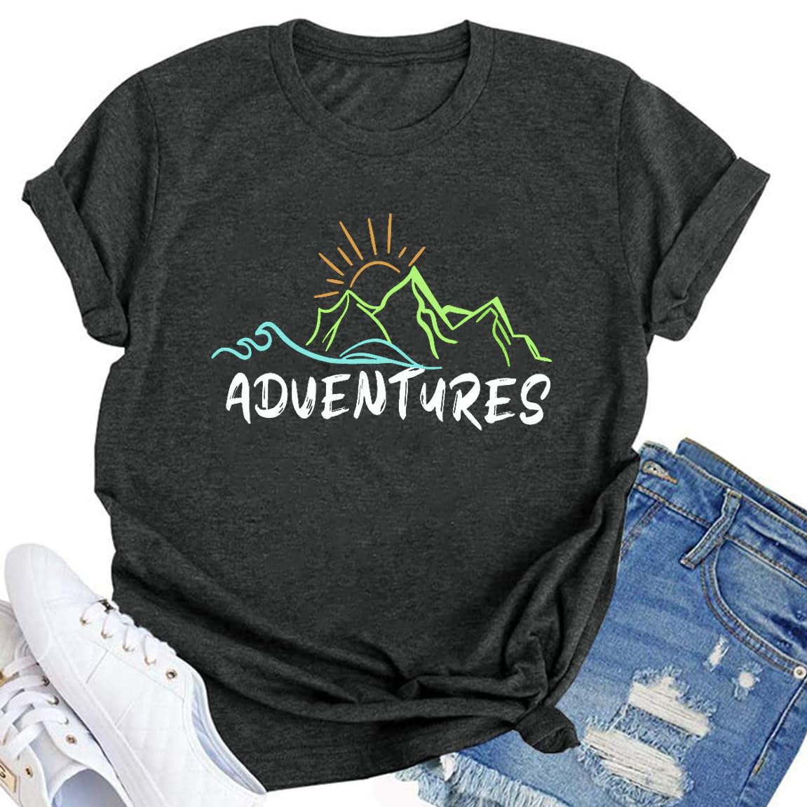WIPXITKAdventure Shirt Women Hiking Mountain Tshirt Heart-Shaped Graphic Tee Awaits Casual Outdoor Athletic Short Sleeve Tops