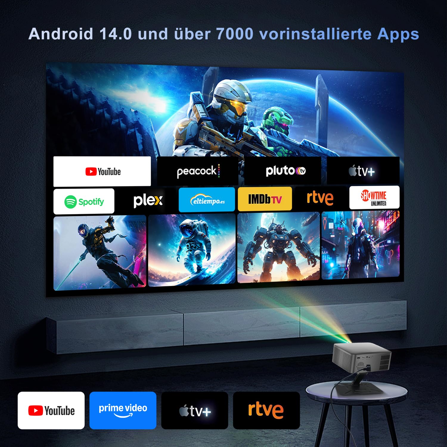 ZDSSY Mini Vidéoprojecteur 8K Compatible,avec Android 14 Vidéoprojecteur natif 1080p,Portable Video Projecteur,Videoprojecteur WiFi 6 BT 5.2 Auto Keystone,Home Cinema Projector,avec Support à 90°,Noir
