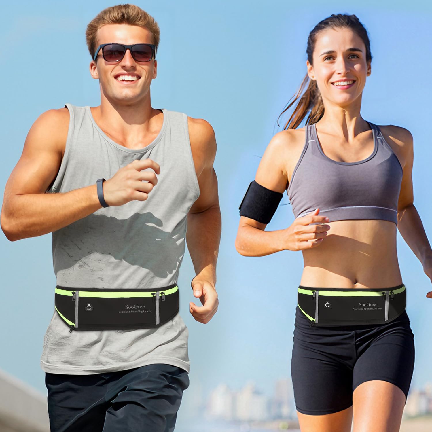 SooGree Riñonera reflectante para correr para hombre y mujer, con soporte para botella de agua, ideal para correr, caminar, ciclismo, entrenamientos de gimnasio, GSP1189-Negro, Deporte