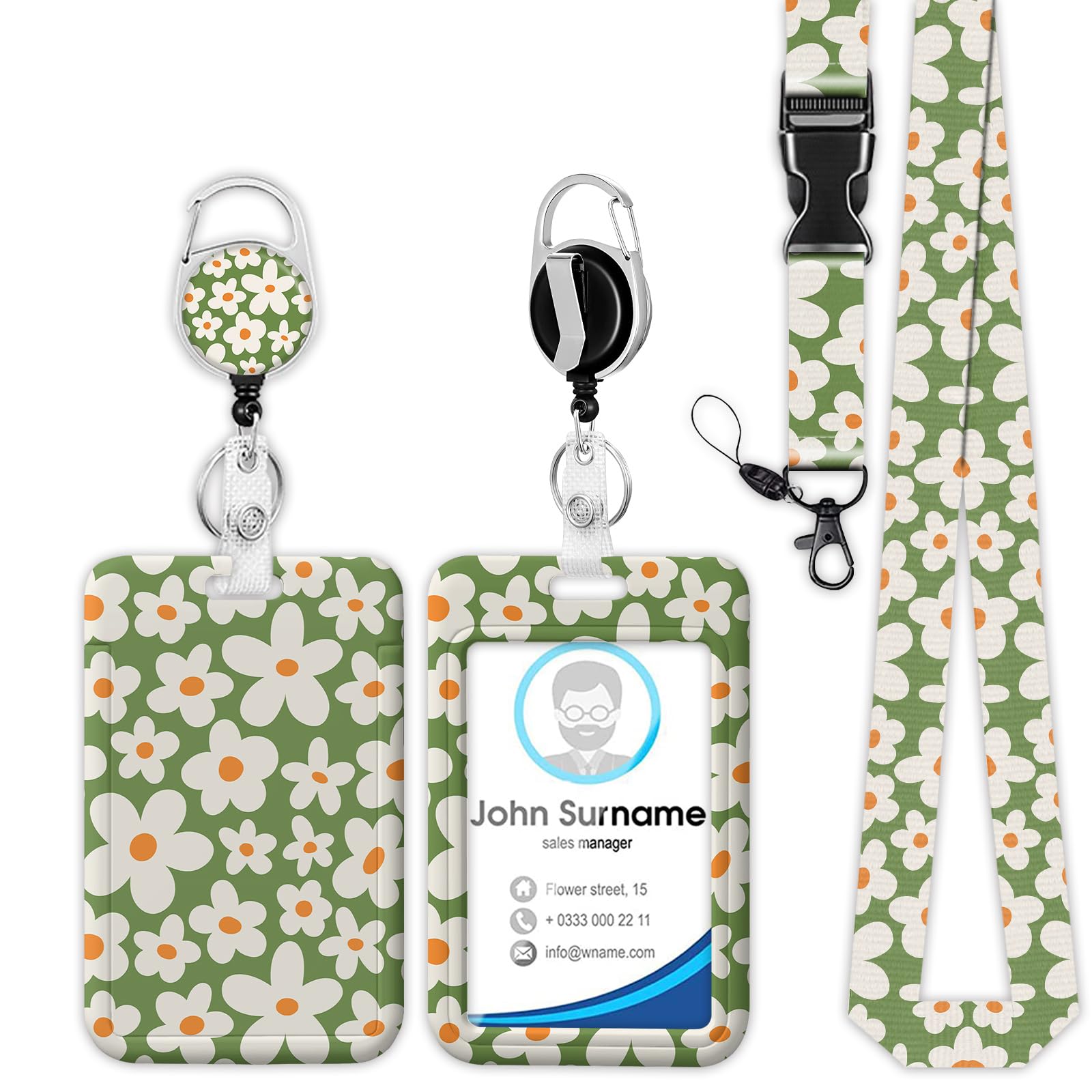 Groovy Floral Badge Holder Reel Lanyard, Green Boho Flower ID Card Badge Holder Retractable Name Tag Clips, Funny Nurse Teacher Office Student Gifts