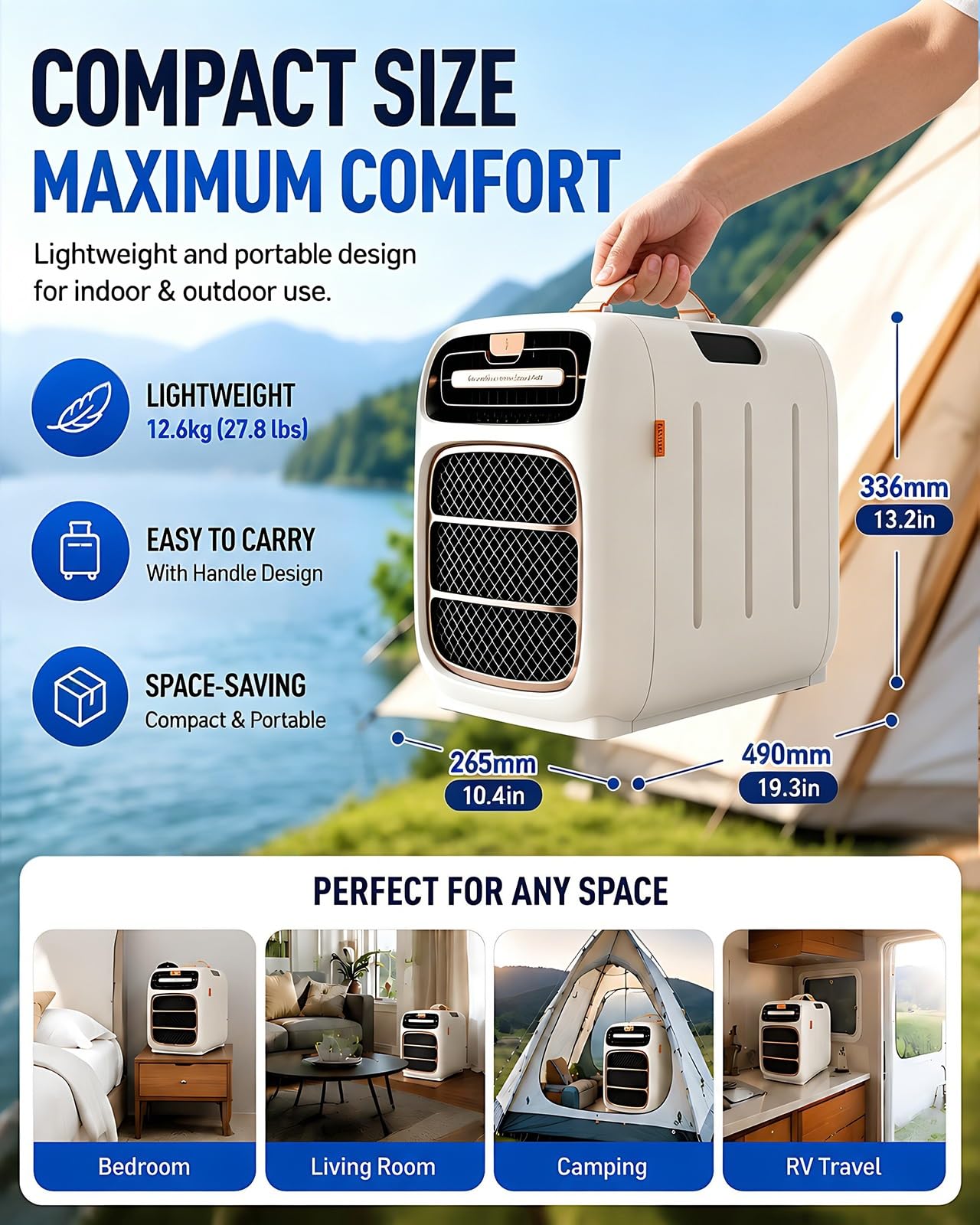 Aire Acondicionado con Compresor 4700 BTU, 4 Modos, Doble Tubo de Escape, Mando a Distancia para Camping y Dormitorios(Cooling DC 24V)