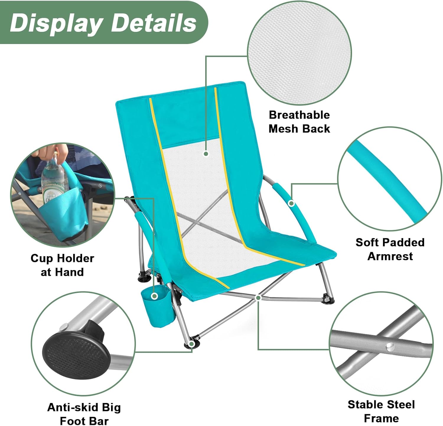 Romswi Low Beach Chairs for Adults 2 Pack, Lightweight Folding Sand Chairs with Breathable Mesh Back & Cup Holder, Portable Compact Camping Chairs, 400lbs Capacity,Green
