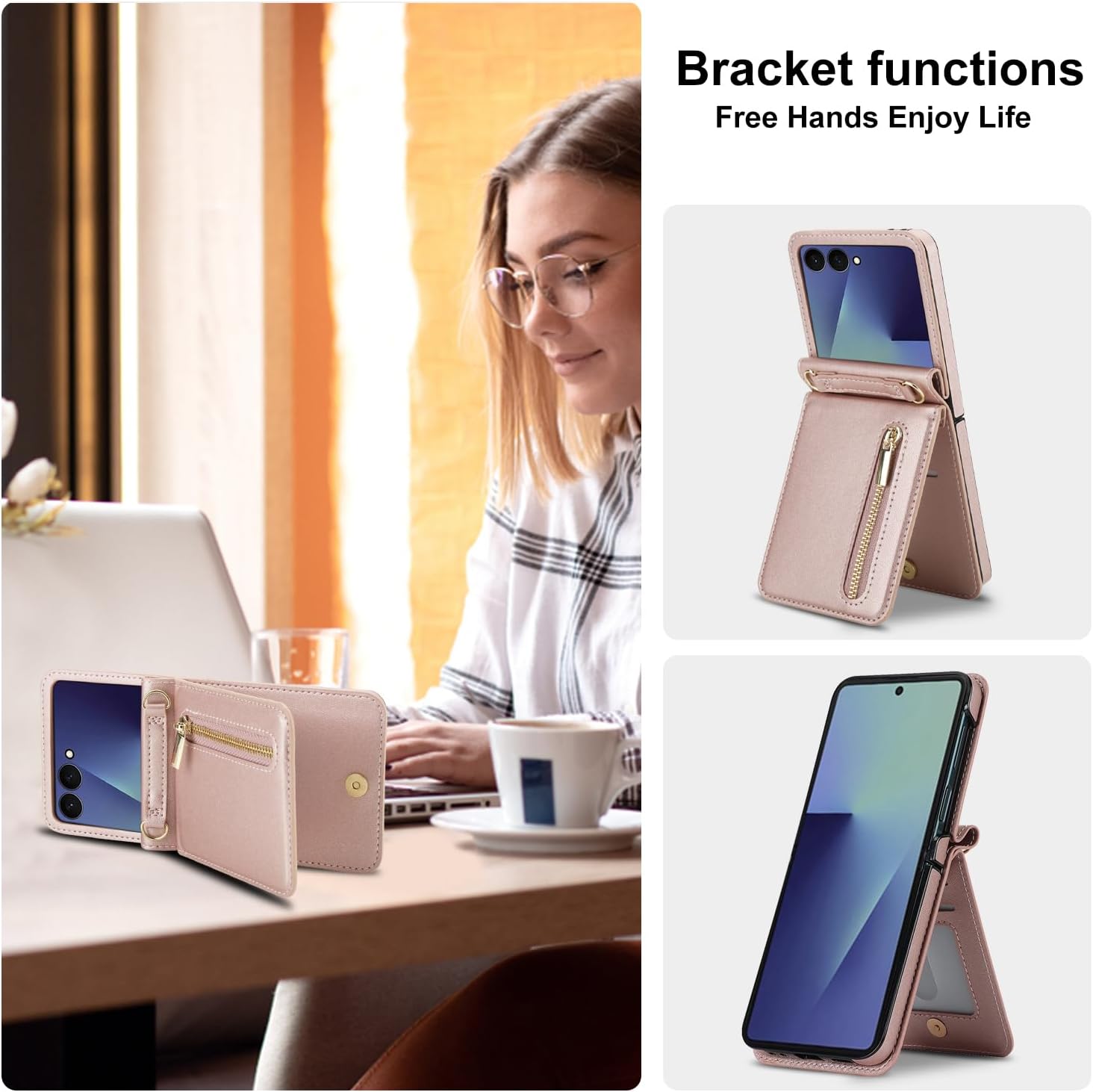 Case for Samsung Galaxy Z Flip 7 Stand Stylish Flip,PU Leather Case,Wallet case with Zip,Card Slot,Cash Compartment,Screen Protector,Phone Cover for Galaxy Z Flip 7(Rose Gold)