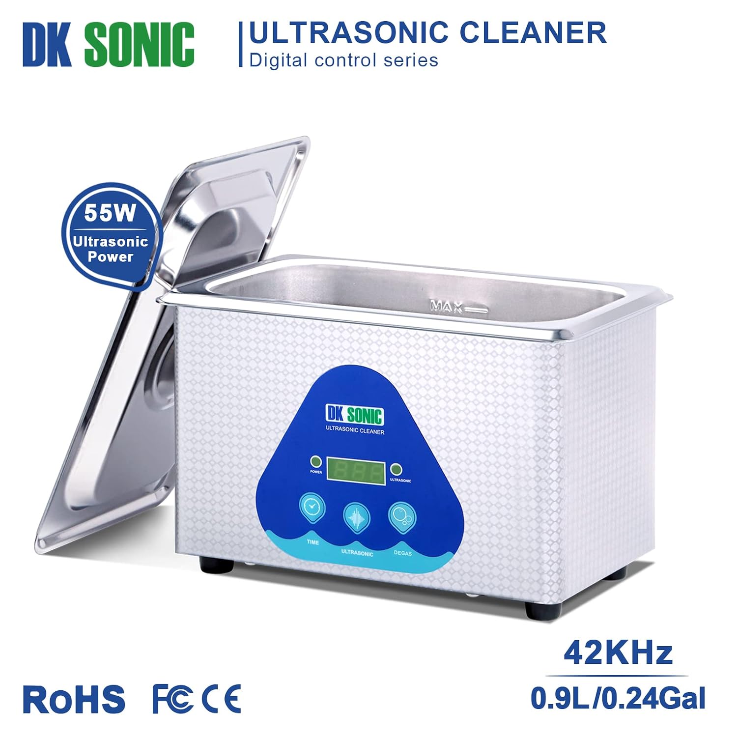 DK SONIC 42KHz Ultrasonic Cleaner with Digital Timer and Basket for Jewelry, Ring, Eyeglasses, Denture, Watchband, Coins, Small Metal Parts, Daily Necessaries, etc (900ML, 110V)