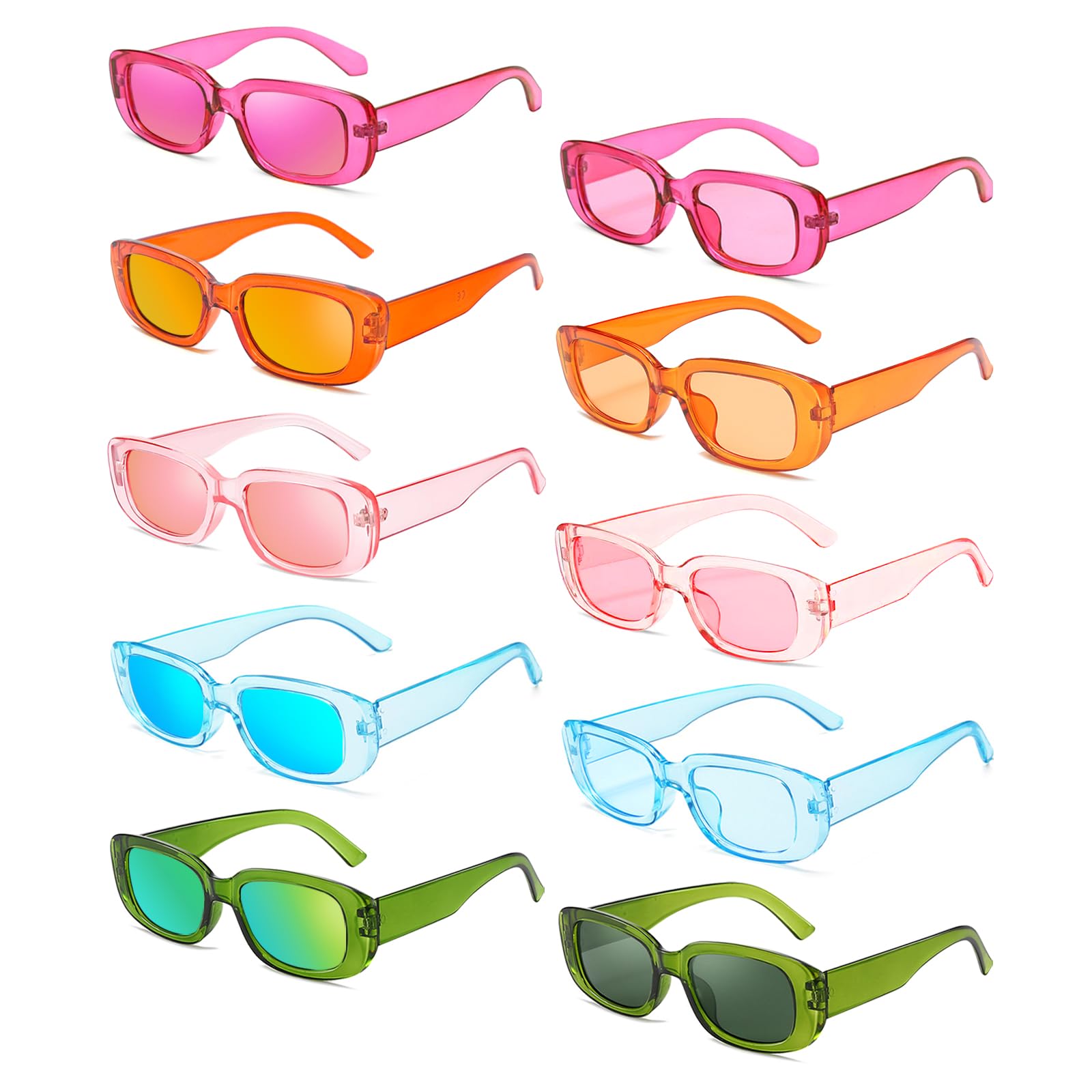 Geopty 10 Pack Neon/Black Rectangle Sunglasses Bulk for Women Men Retro Trendy Small Rectangle Glasses Party Favors