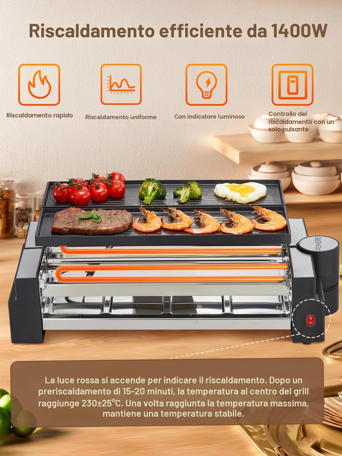 FOHERE Raclette Grill per 8 Persone, 1400W Griglia Elettrica Antiaderente Reversibile con 8 Mini Padelle, Acciaio Inox Opaco, Adatto per Famiglie e Feste