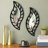 Roowest 2 Pack Black Leaf Teardrop Decorative Wall Mirrors - Modern Hanging Mirrors for Living Room, Bedroom, Bathroom (15.75x7.87 Inch)