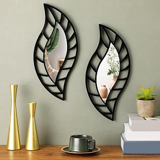 Roowest 2 Pack Leaf Teardrop Decorative Wall Mirrors Black Framed Acrylic for Living Room Bedroom Entryway 15.75x7.87 Inch