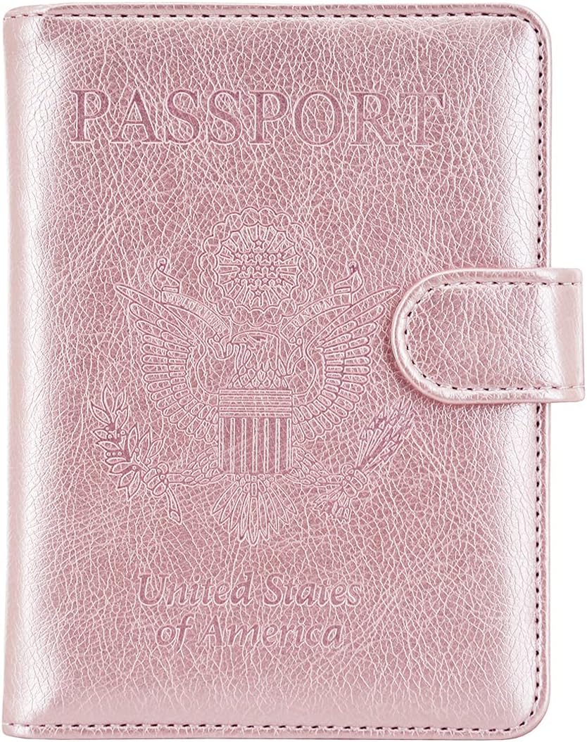 KINGMAS Passport Holder Cover, Vaccine Card Holder RFID Blocking Travel Passport Wallet Leather Case for School Bussiness Trip Travel and Go Abroad (Rose-gold, Magnetic Buckle)