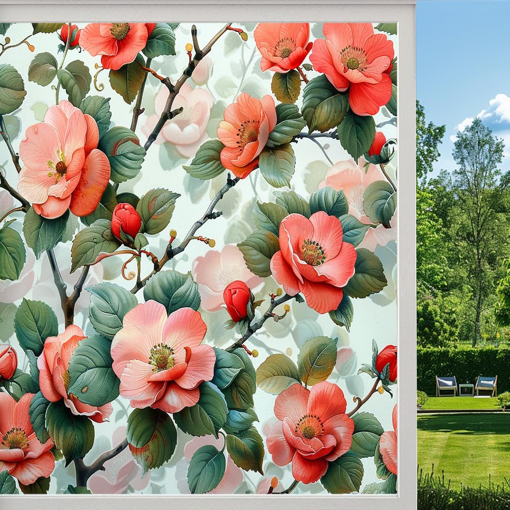 Gorgeous Floral Stained Glass Window Film, Rustic Flower Plant Farmhouse Peel and Stick Privacy Film, Frosted Adhesive Vinyl Decorative for Bathroom Windows Glass Doors, （40x90cm）