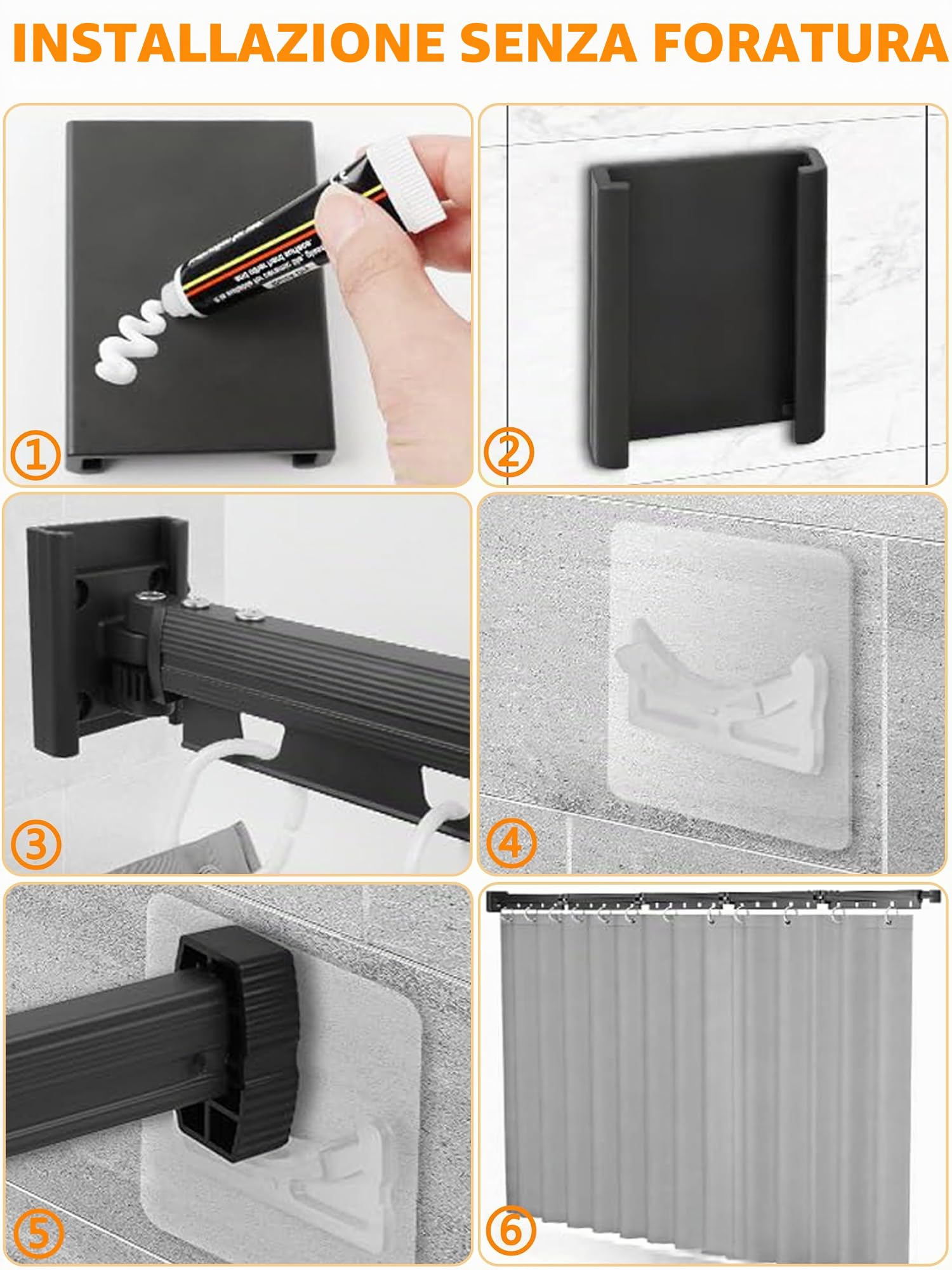 Bastone Tenda Doccia Senza Foratura, Pieghevole 2m, con Tenda da Doccia 1,8×2m, Asta 5 Pieghe e Asta Telescopica 25,5cm, per Bagno, Spogliatoi, Camper (Bianco)