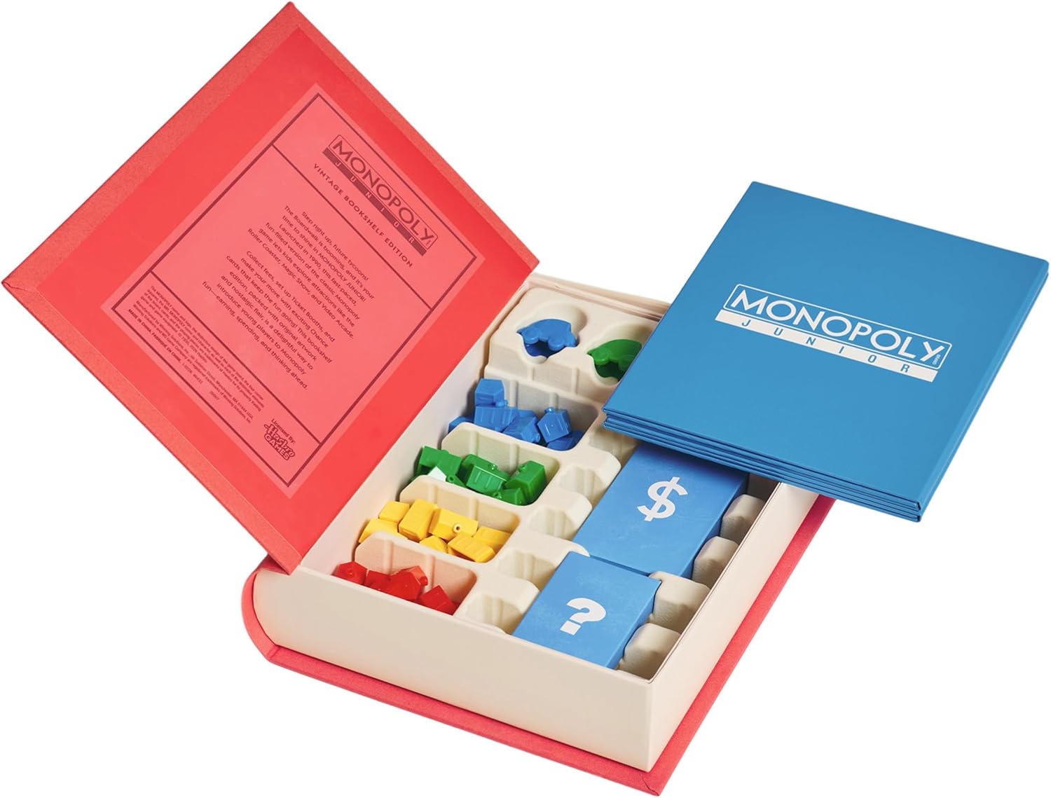 WS Game Company Monopoly Junior Vintage Bookshelf Edition: Linen Fabric-Wrapped Book Case — Classic Monopoly Jr. Board Game for Family Game Night (2-4 Players, Ages 5+)