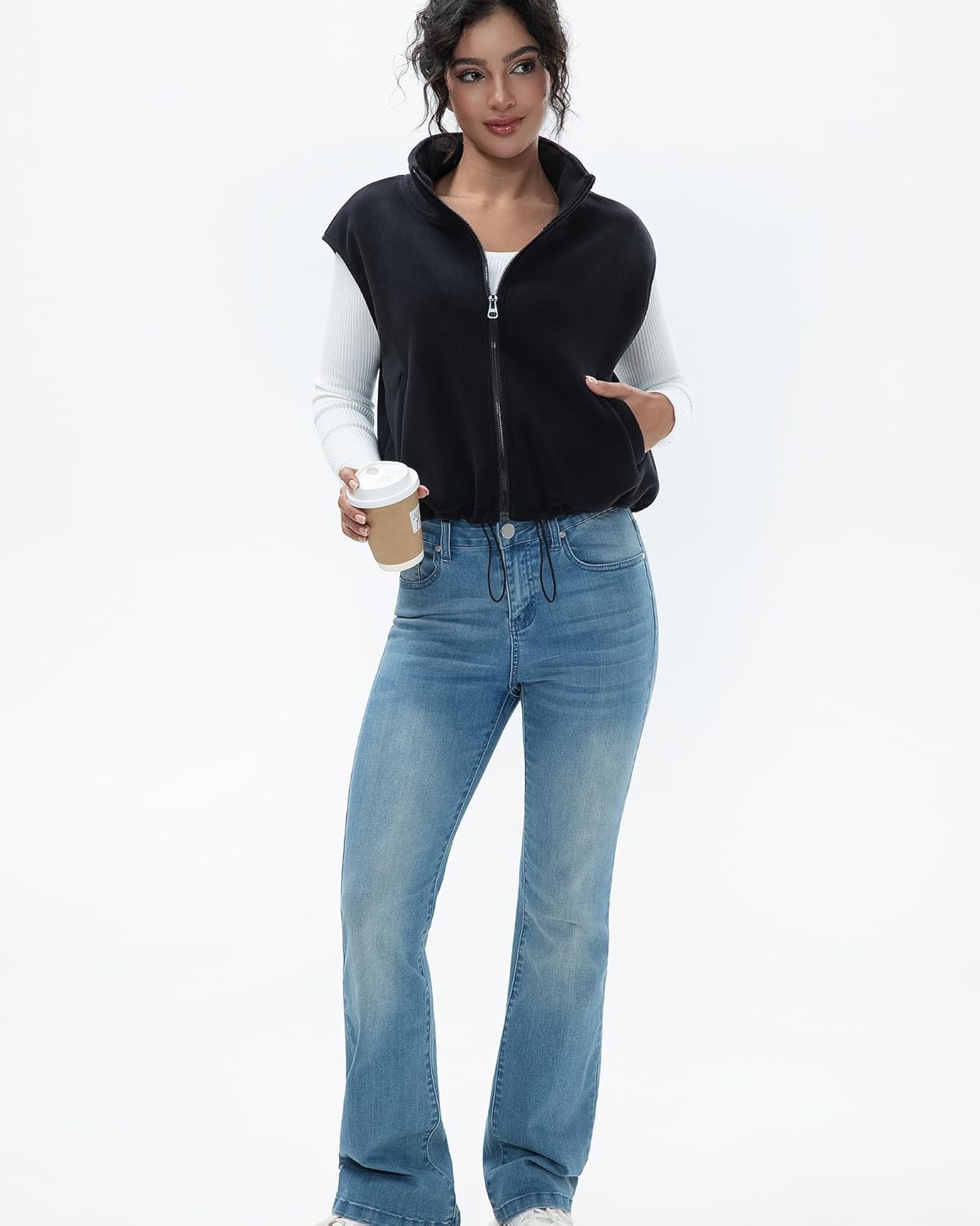 Women's Full Zip Fleece Short Vest Warm Winter Sleeveless Stand Collar Sherpa Crop Coat - Image 4