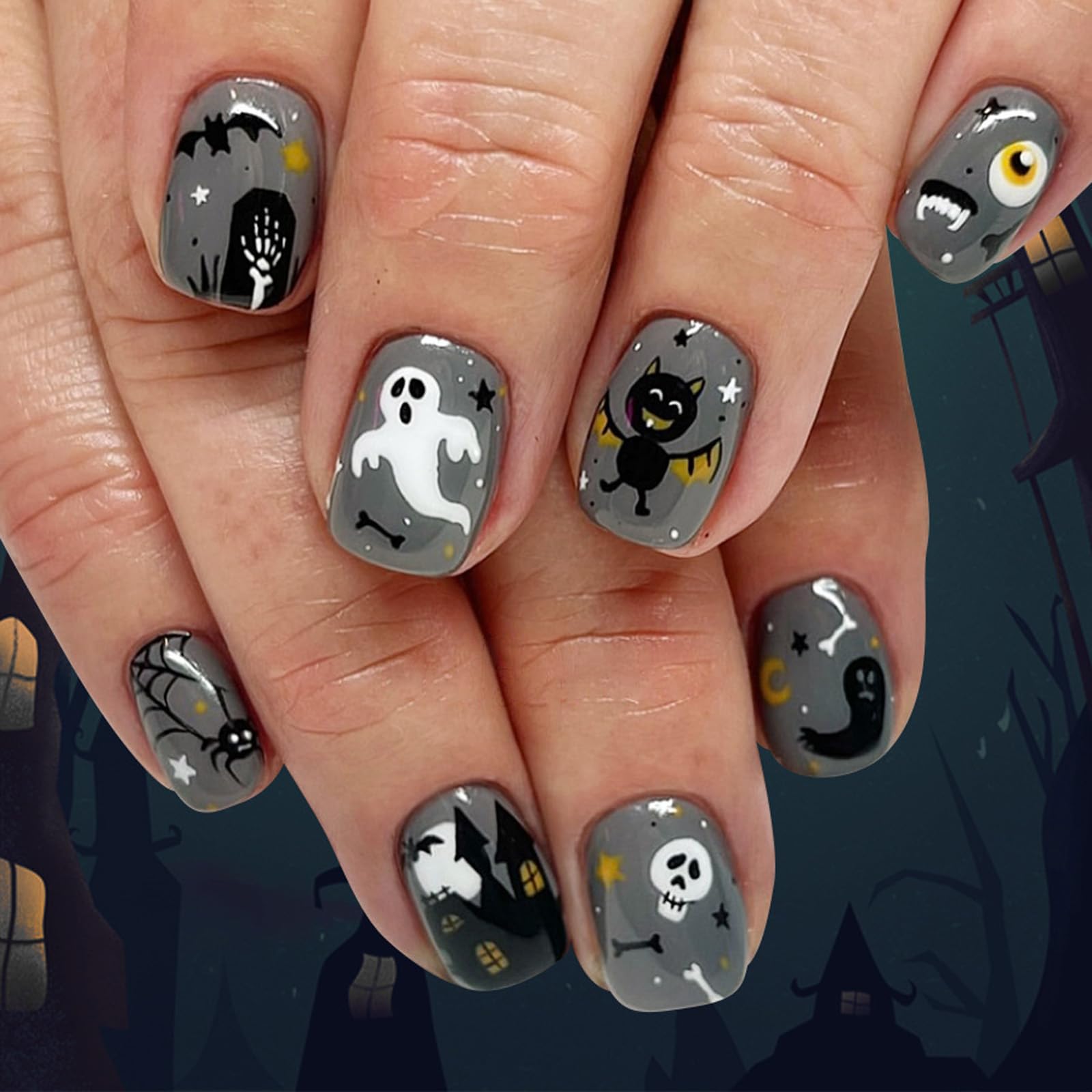 24Piece Nero Glittering Press On Nails Halloween Speciale Con Misterioso Ala di pipistrello E Modelli di Casa Halloween Press On Nail