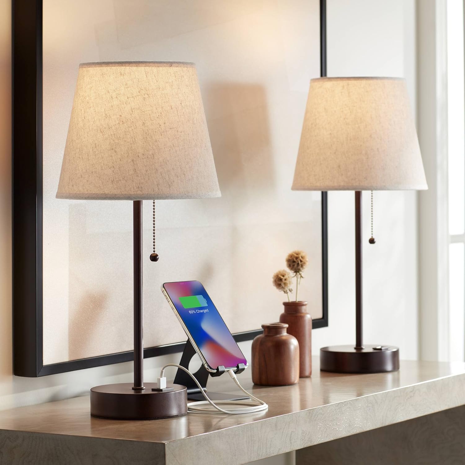 Bronze Metal Table Lamps with Beige Fabric Drum Shade and USB Ports