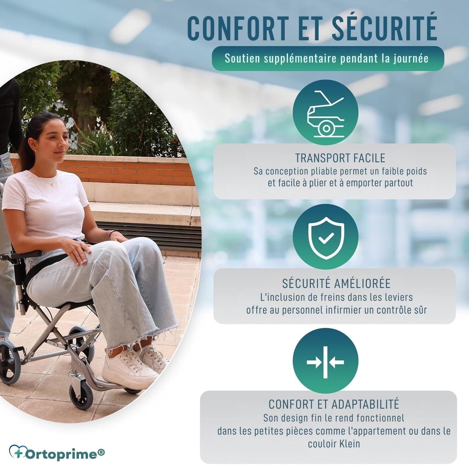 OrtoPrime fauteuil roulant pliable léger en ALUMINIUM – fauteuil roulant étroit pour maison et extérieur – chaise roulante orthopédique adulte et senior – wheelchair compact