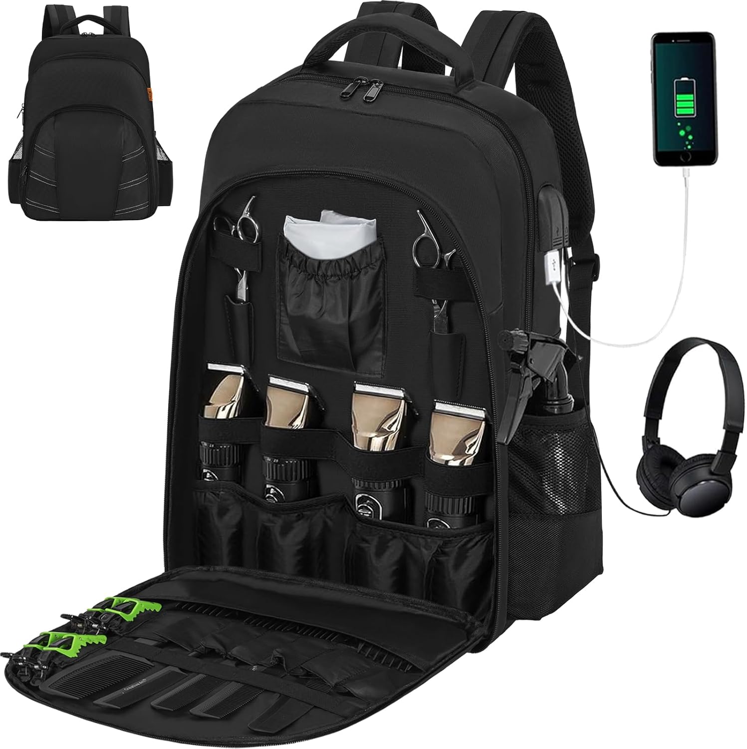 Barber Supplies Bag, Portable Backpack Bags Organizer for Clippers and Supplies, Travel Hairstylist Clipper Case for Barber Hair Cutting Kits with USB Port