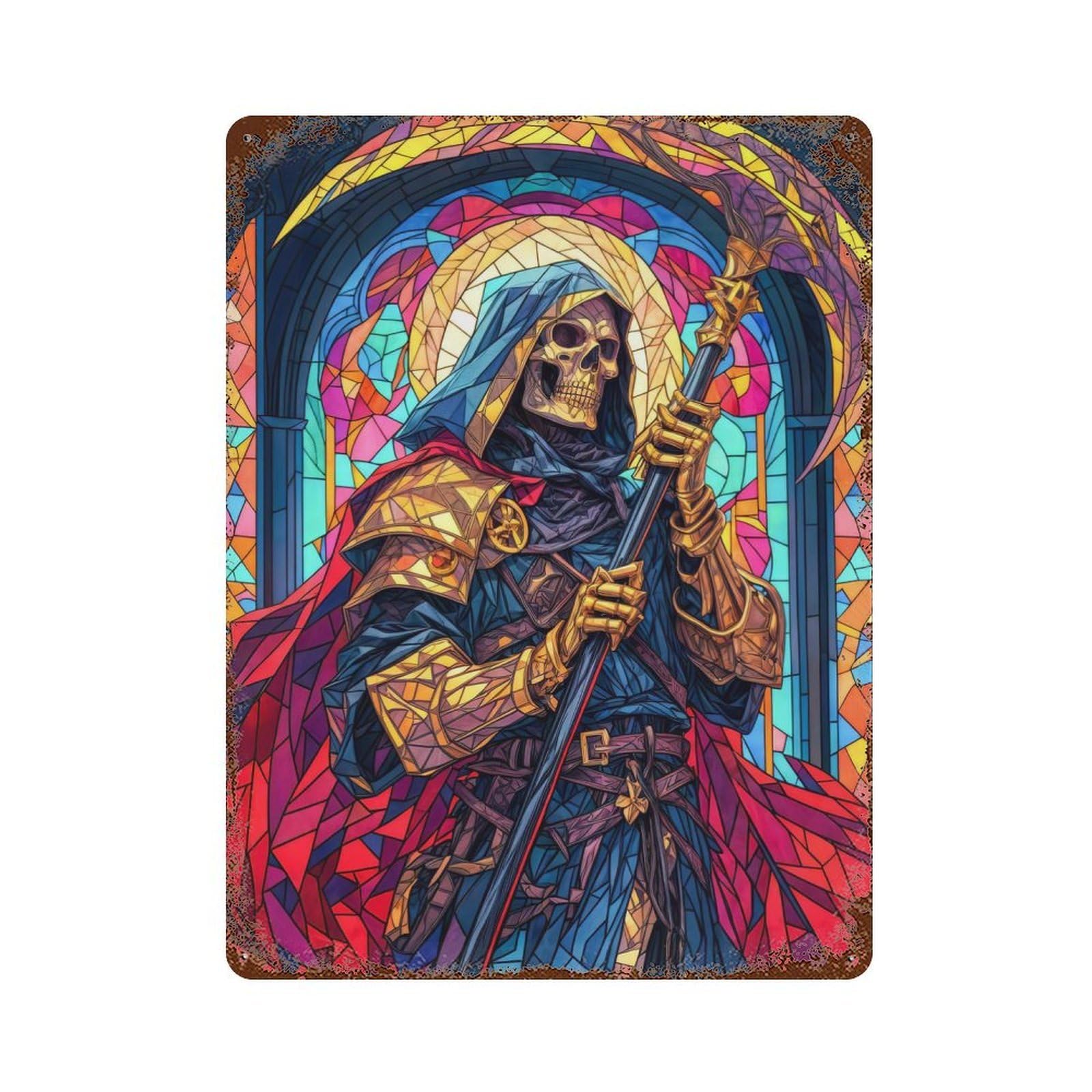 Grim Reaper Stained Glass 15.7"x11.8" Rust Effect Tin Sign, Vintage Wall Decor for Farmhouse, Kitchen And Entryway Decor