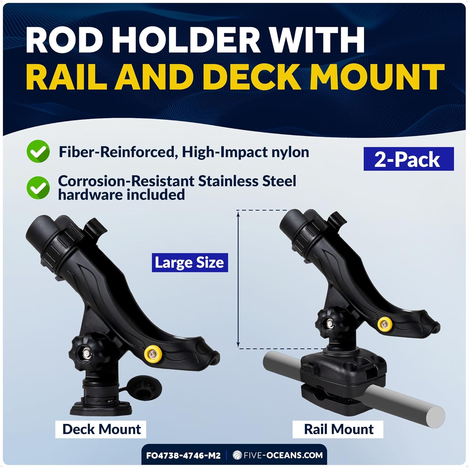 Five Oceans 2-Pack Fishing Rod Holder Set, Black, High-Impact Nylon, Hook Keeper & Locking Collar, with 2 Rail & 2 Deck Mount Bases for Versatile Mounting