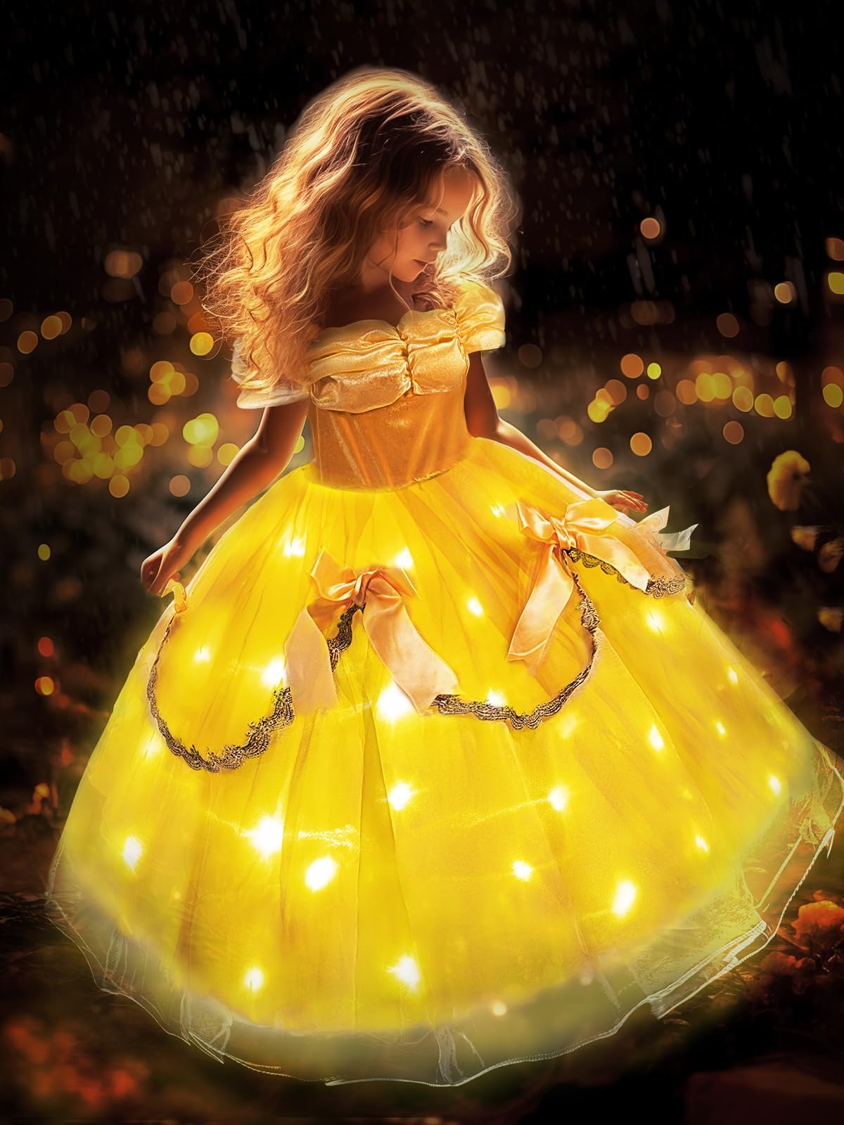 Princess Dress, Light Up Girls Halloween Costume for Toddler Kid Fairy Dress Up Clothes for Birthday Party, Yellow
