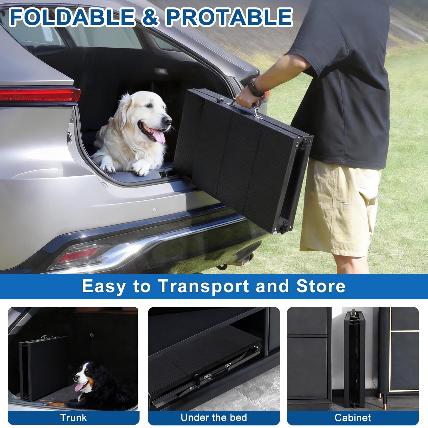 Niubya Escalier Pliable Rampe pour Voitures 180cm x 47,5 cm, Extra Longue en Aluminium pour Chiens Grande Taille jusqu'à 113 kg, Rampe Portable et imperméable pour SUV, camions