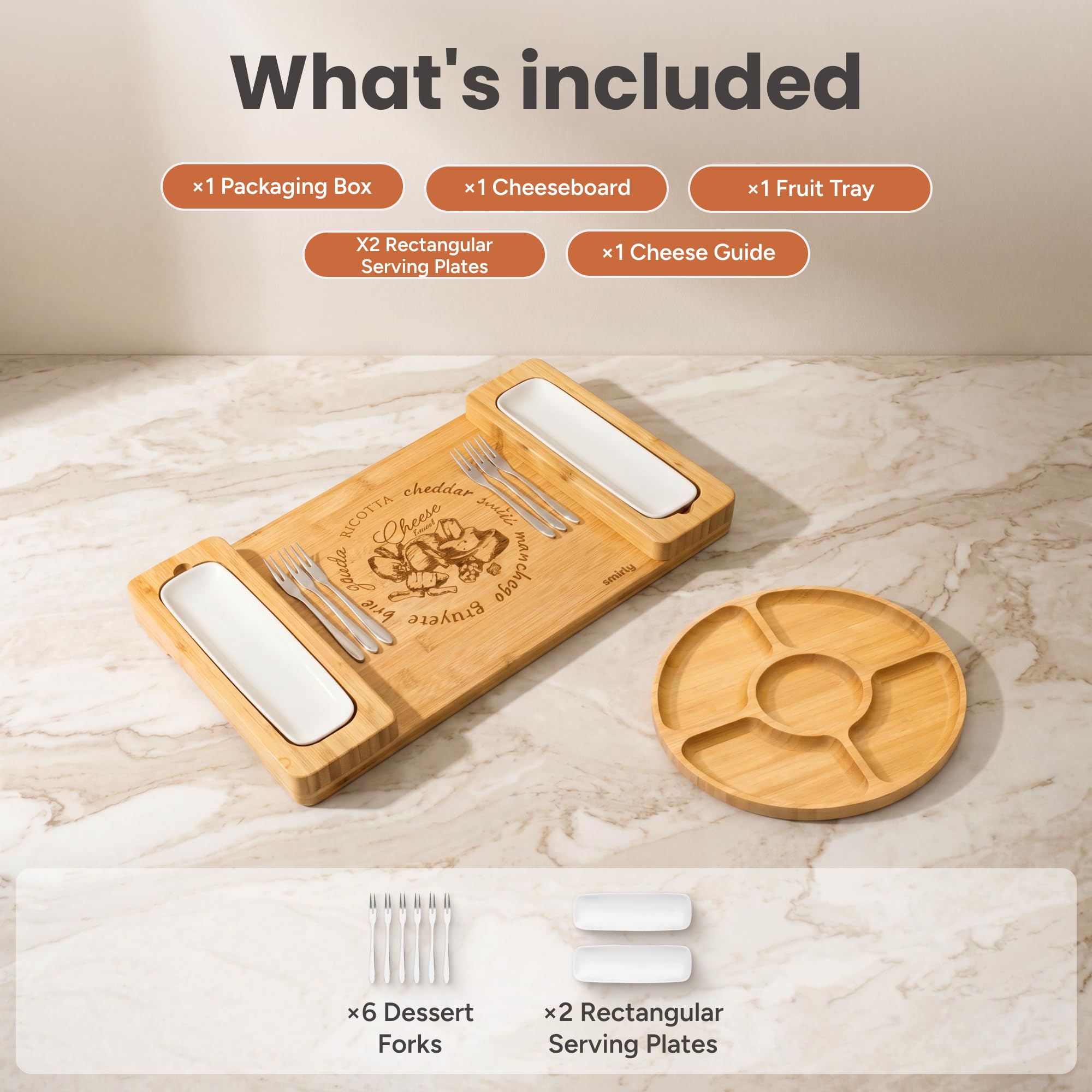 SMIRLY Ensemble de Planches à Fromage en Bambou – Grande Planche à charcuterie – Planches à Fromage en Bois – Cadeau Unique de Pendaison de crémaillère – Plateau à apéritif et à Fromage, Plateau à