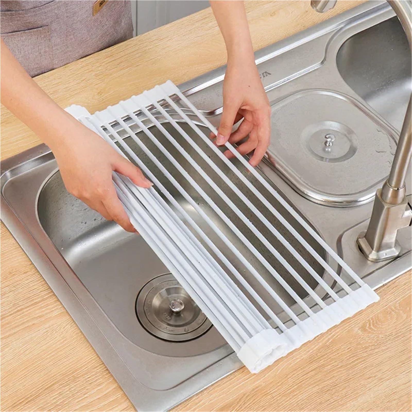 Escurridor de Platos Rejilla de Almacenamiento for Cocina, Rejilla for Filtro Silicona, Drenaje Plegable, Fregadero con persiana Enrollable Acero Inoxidable, for Cuencos y Palillos(B1)