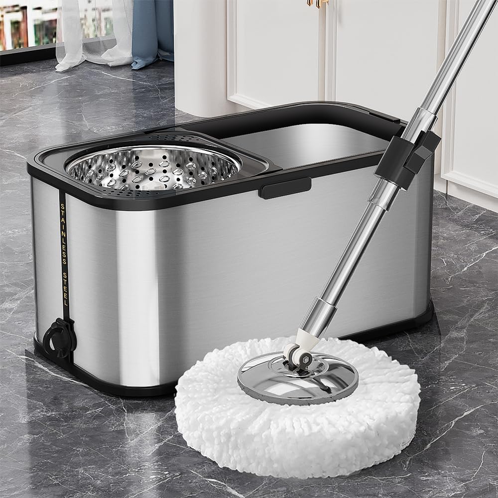 Mopa cuadrada y cubo con juego de escurridor, fregona giratoria de 360° de acero inoxidable para limpieza con recambios adicionales, limpieza de pisos, limpiador de suelos de microfibra, mango