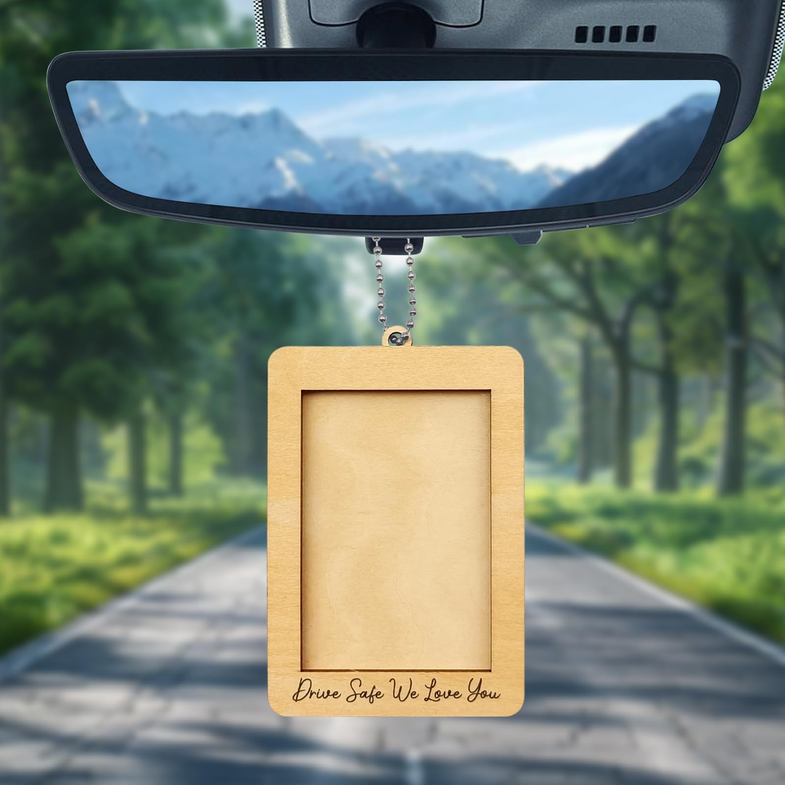 Car Decor Hanging Picture Frame, Rear View Mirror Accessories, Car Picture Holder, Wallet-Sized Wooden Photo Frame, Mini Car Picture Frame(Drive Safe We Love you)