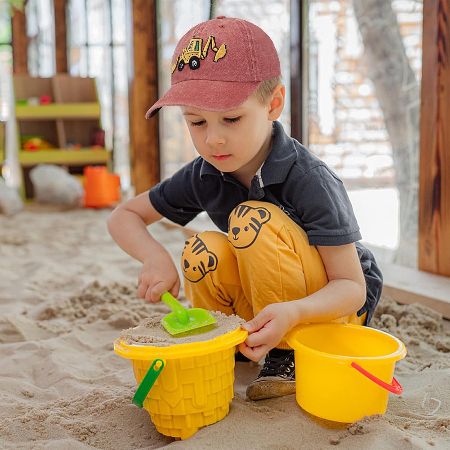 Cute Embroidery Excavator Toddler Kids Baseball Cap Adjustable Cotton Washed Vintage Dad Hat for Boys Girls Age 2-8