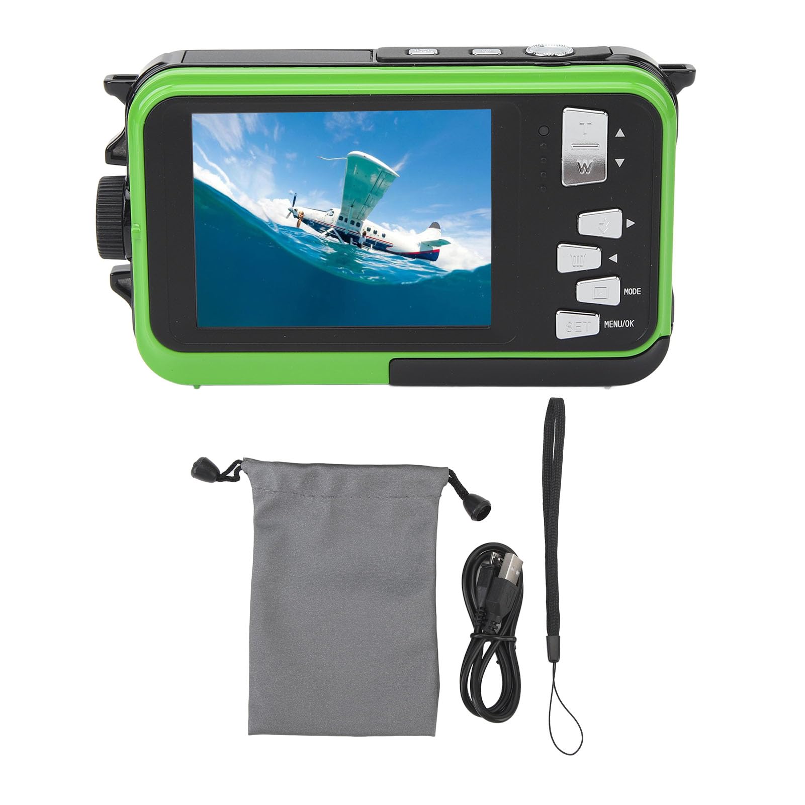 Appareil Photo Numérique Étanche Jectse, HD 48MP 2,7K 16X Zoom Numérique 10 Pieds Caméra Sous-Marine avec Selfie HD Double Écran, Appareil Photo Portable Vert USB Étanche