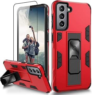 Nvollnoe for Samsung S21 Case 5G 6.2 inch Heavy Duty Protective Military Grade Dual Layer Galaxy S21 Case with Screen Protector Magnetic Built-in Kickstand Phone Case for Samsung S21(Red)
