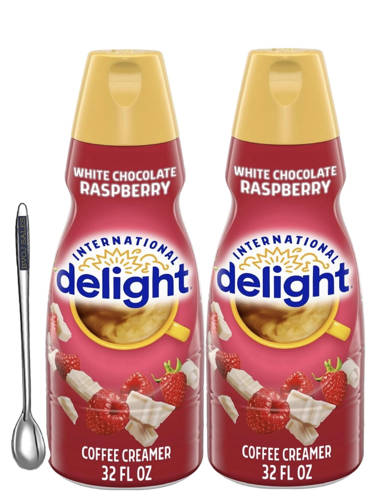 Coffee Creamer Bundle. Includes Two (2) 32 fl oz bottles of International Delight White Chocolate Raspberry Liquid Coffee Creamer and (1) BVOJ SALES Stainless Coffee Stirrer