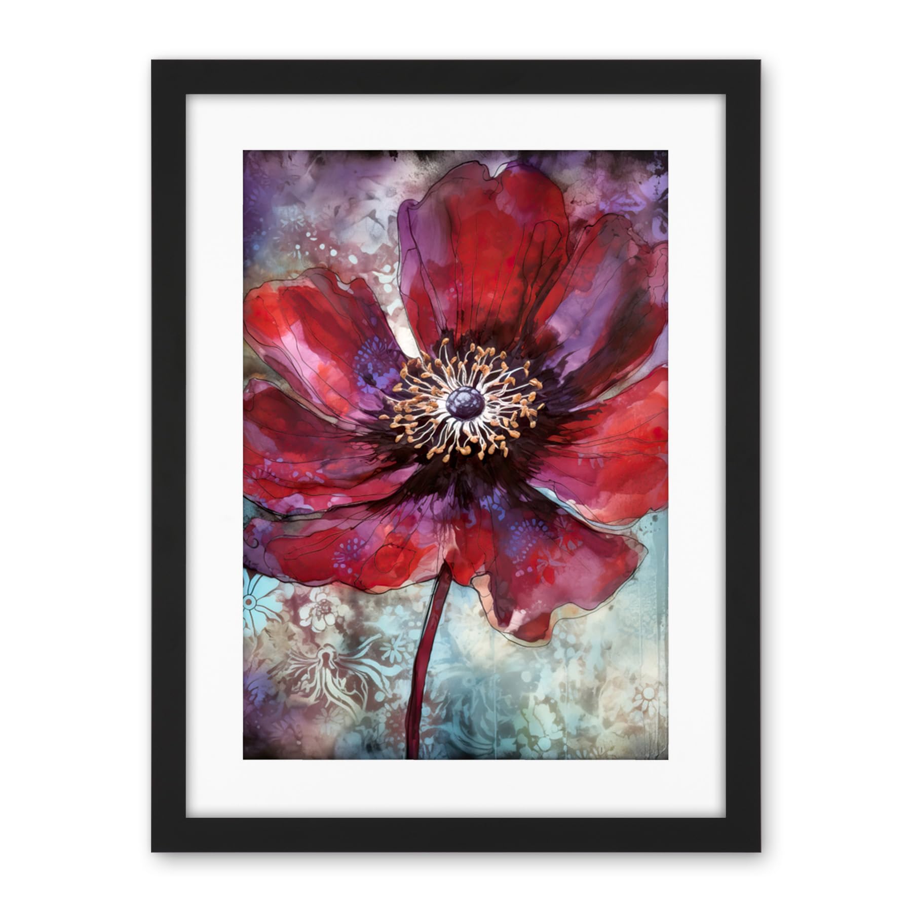 Artery8 Red Anemone Flower Bloom Watercolour Illustration Artwork Framed Wall Art Print 18X24 Inch