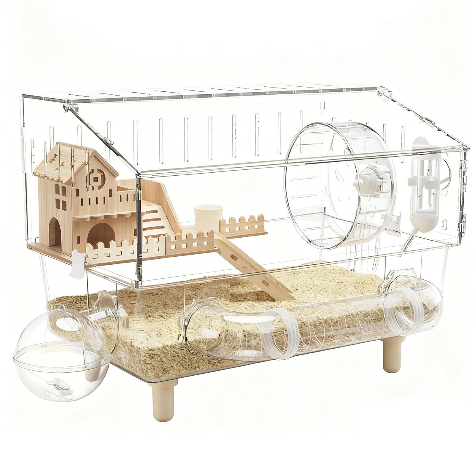 Jaula de hámster de acrílico transparente de 2 capas, hábitat para hámster, hábitat grande de 45 x 28 x 34 cm, para erizo, jerbo, hurón, casa transparente de doble capa con 11 accesorios