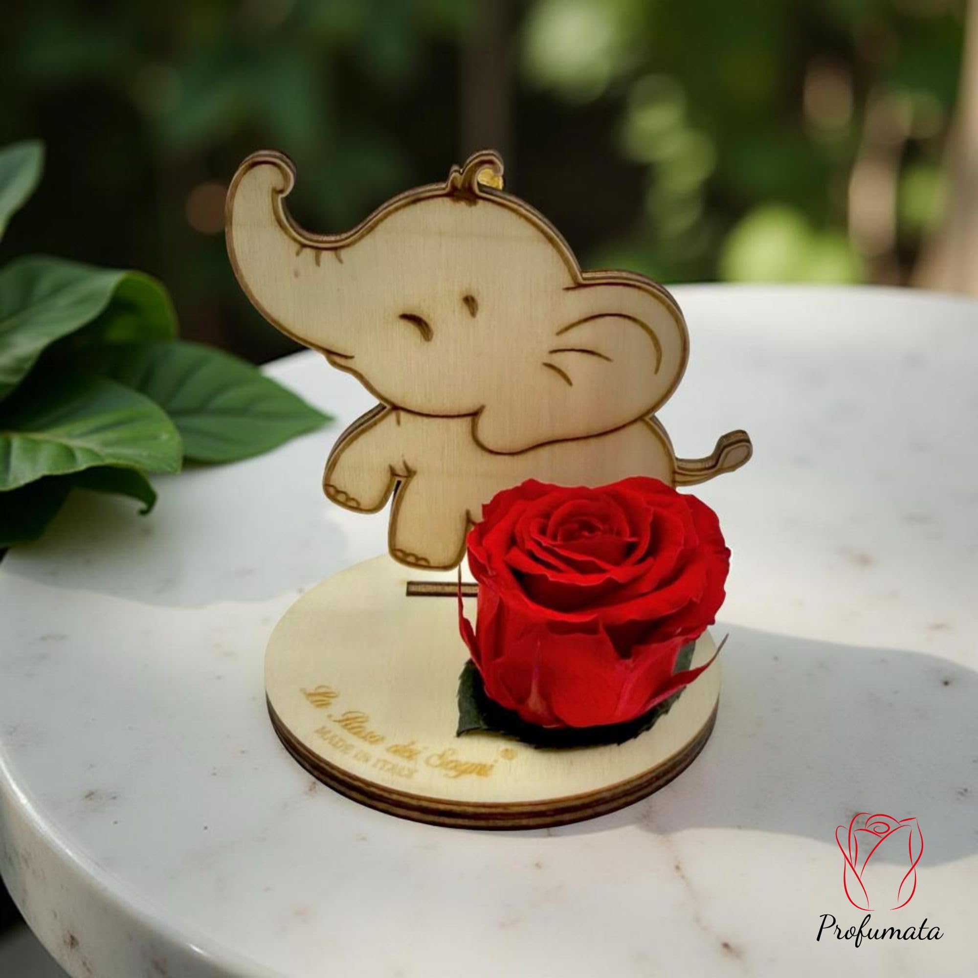 Rosa Stabilizzata con Elefantino in Legno Intaglio Laser – Fiore Naturale a Lunga Durata, Scatola Elegante – Made in Italy (Rosa)