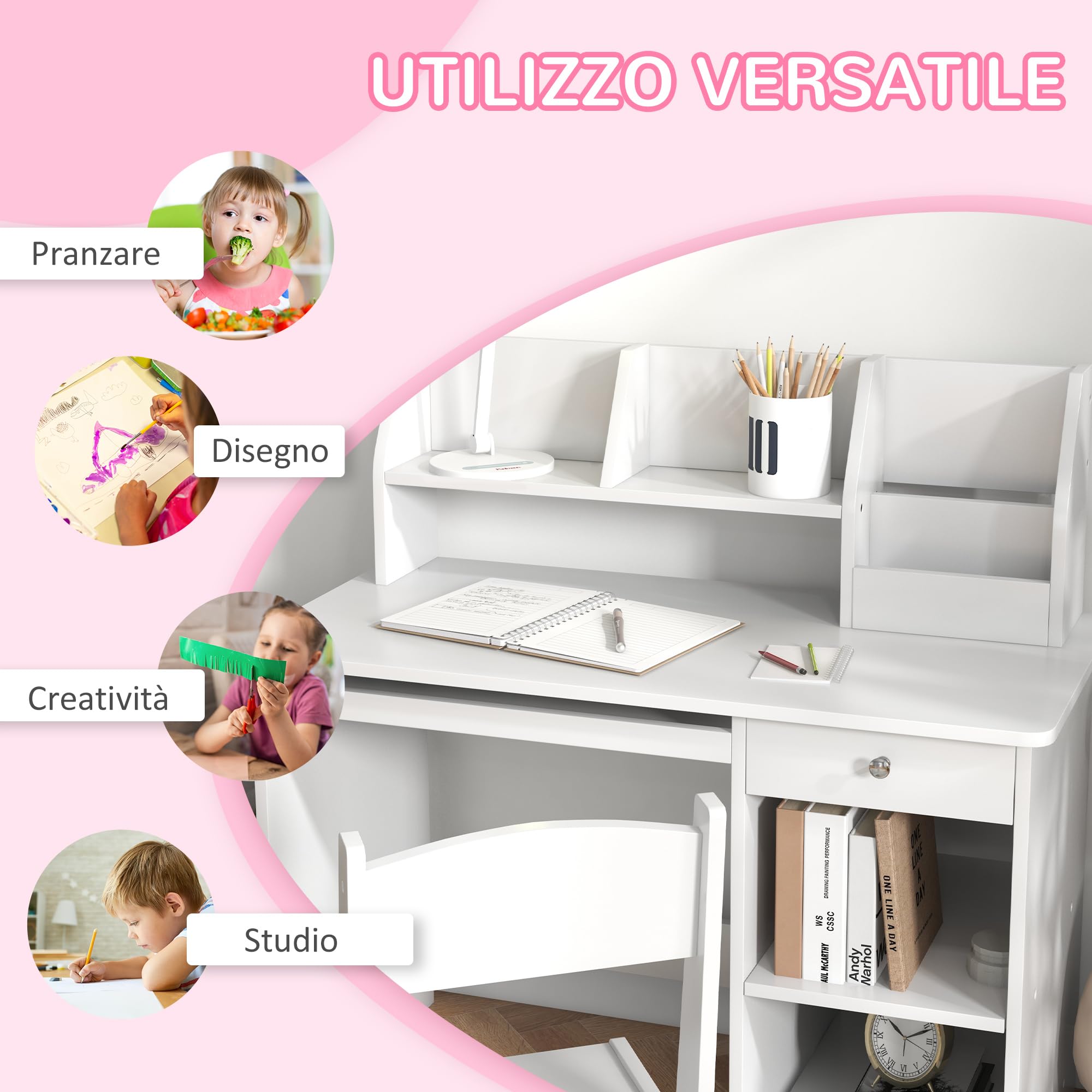 ZONEKIZ Tavolo Scrivania per Bambini con Sedia, Banco Scuola per Bambini da 5 a 8 Anni in Legno con Scaffale e Seggiola, Bianco