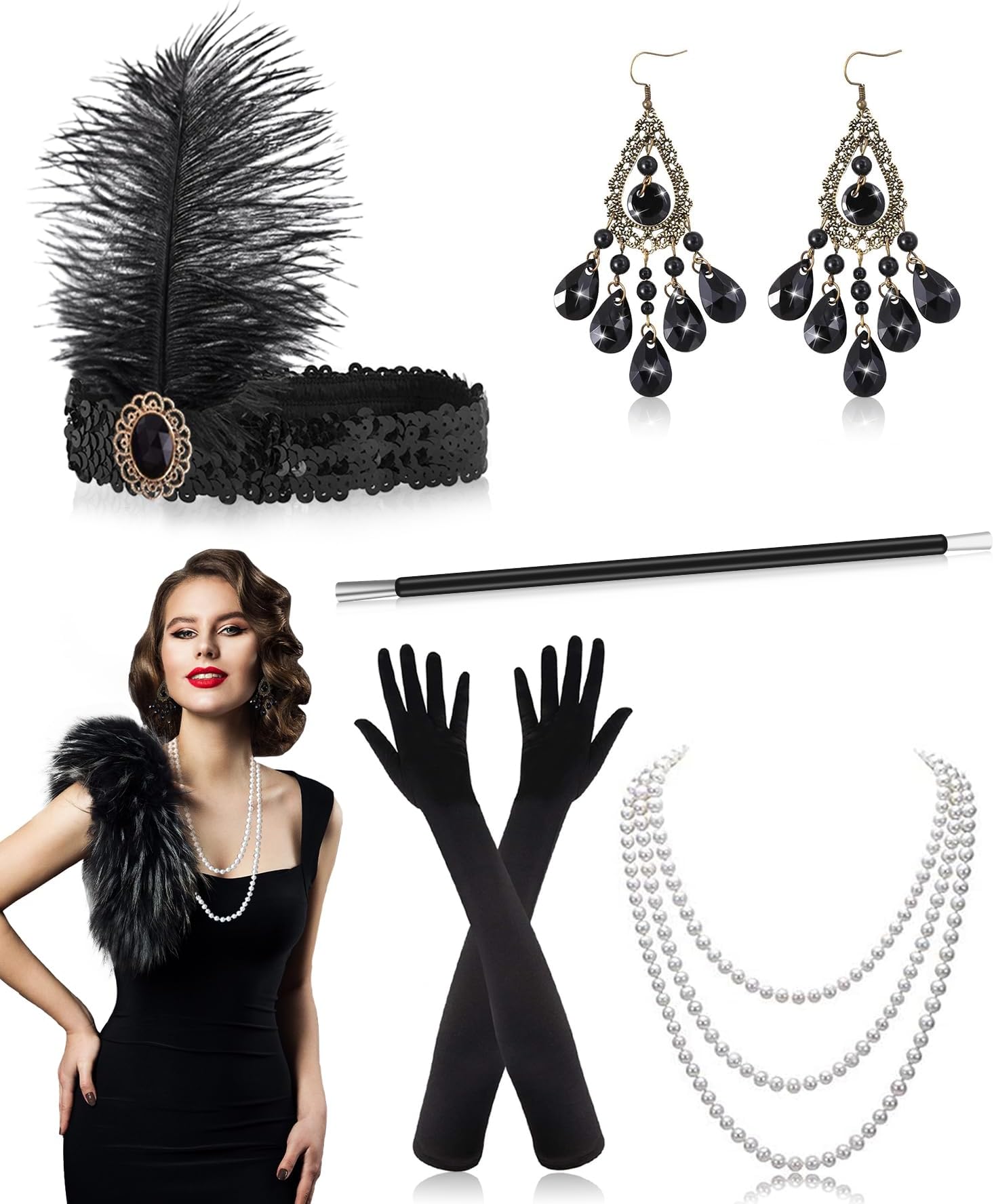 Alintor 1920s Accessories for Women, Great Gatsby Accessories Women, 1920s Headpiece, Black Gloves, Fashion Necklace Earrings