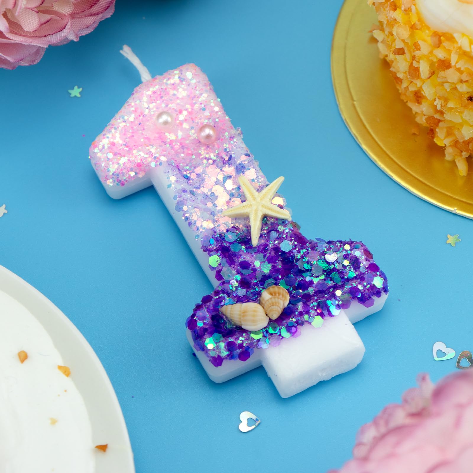 Velas de cumpleaños, velas rosas y moradas del número 1 decoradas con caracolas, estrellas de mar y perlas para decoración de tartas de fiesta temática de sirena (número 1)