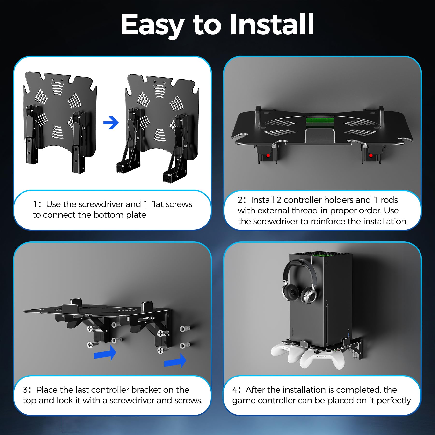 Soporte de pared para Xbox Series X con ventilación de refrigeración, soporte de aluminio plegable con almacenamiento para controlador, base segura y fácil instalación (color negro)
