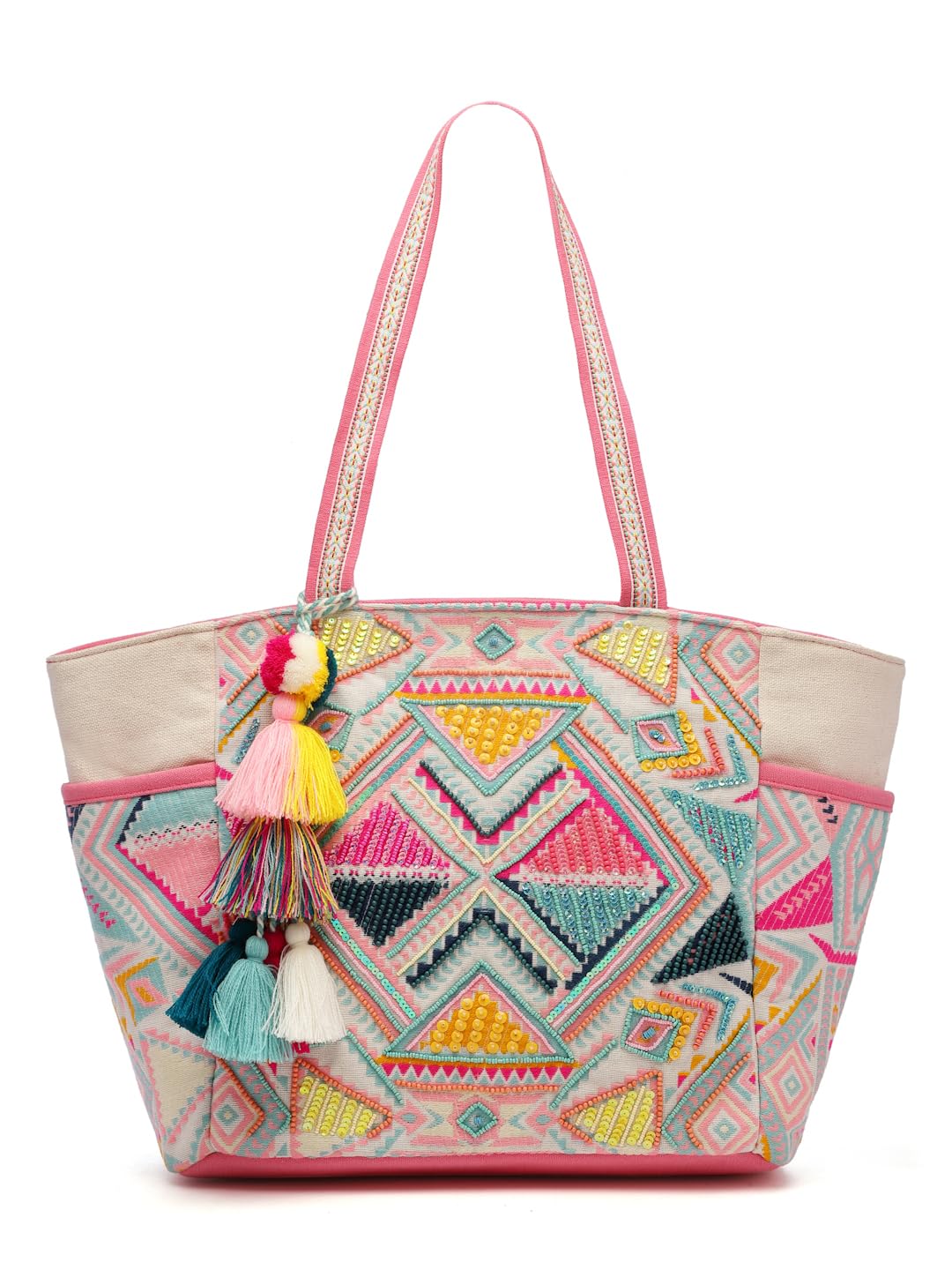 Anekaant Womens Kooky Natural & Multi Boho Geometric Embellished Handloom Cotton Jacquard Tote Bag (B0CS5Y6Q7S) Amazon Price History, Amazon Price Tracker