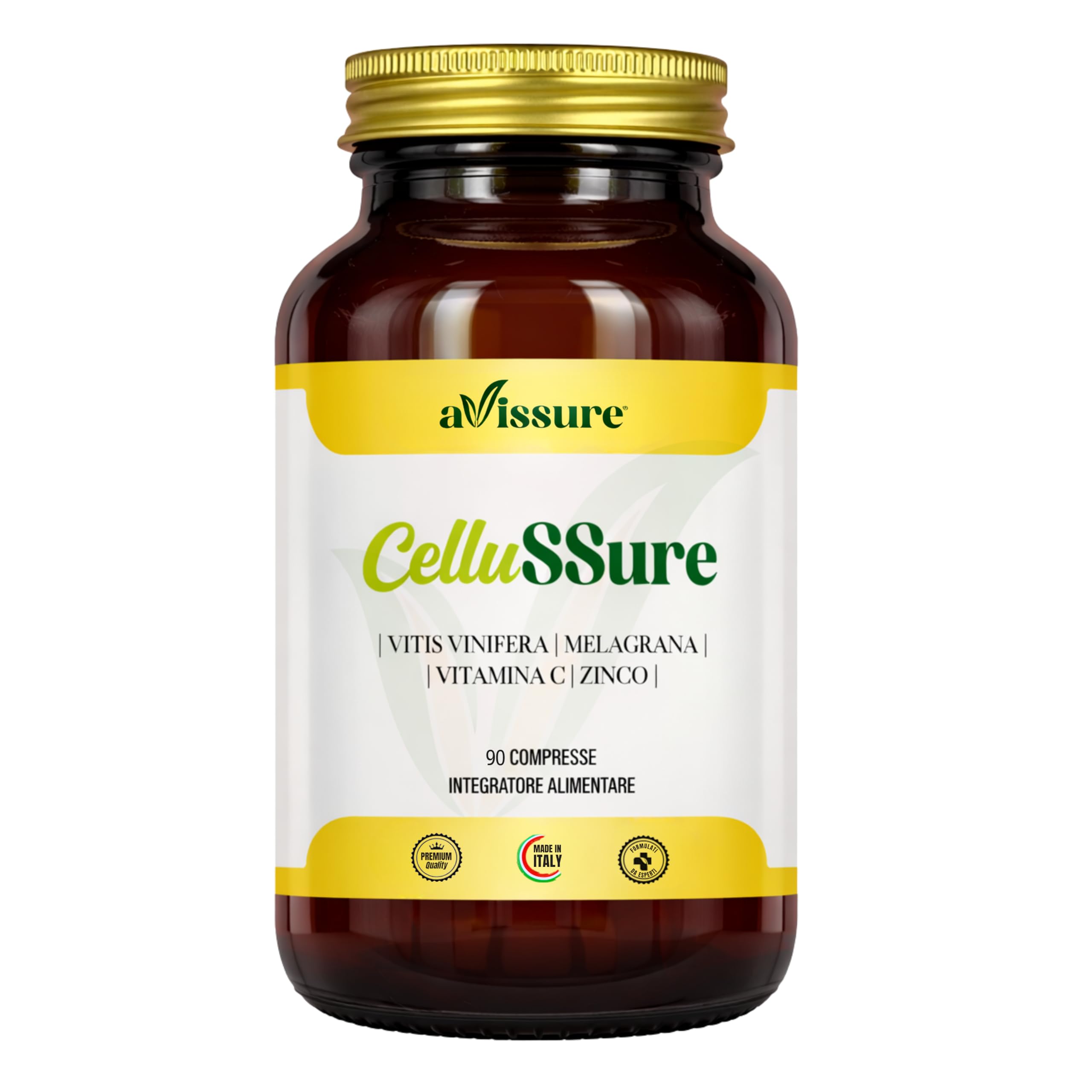 CelluSSure Integratore Alimentare 90 Compresse Vegan con Estratti Vegetali, Vitis Vinifera, Punica Granatum (Melagrana), Vitamina C Acido Ascorbico, Zinco Gluconato, 1 Compressa per 3 Mesi, avissure