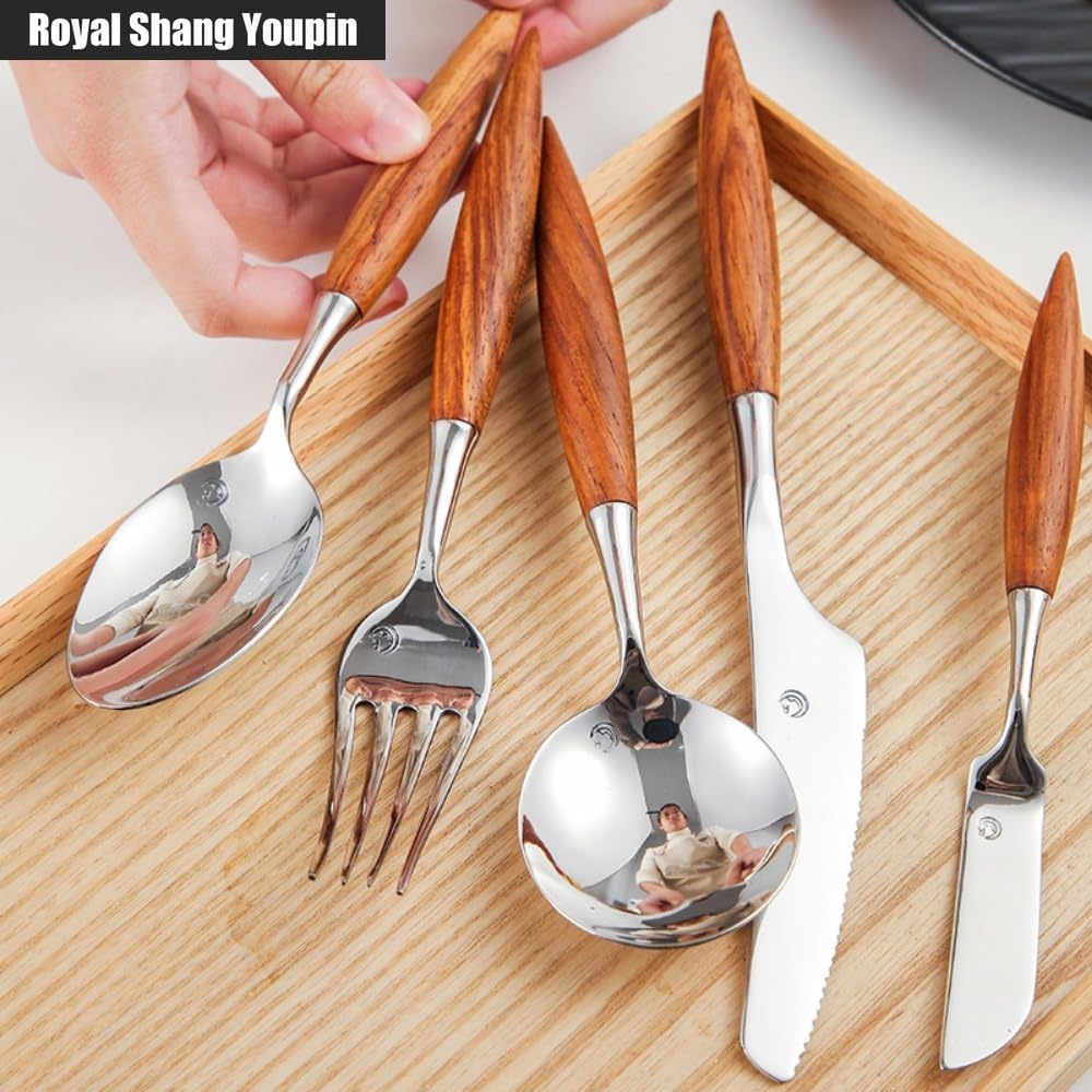 Manico in Legno Massello Di Palissandro Cucina Posate in Acciaio Inossidabile Stoviglie Posate Set Coltello Da Bistecca Forchetta Cucchiaio Cucchiaino (7 pezzi)
