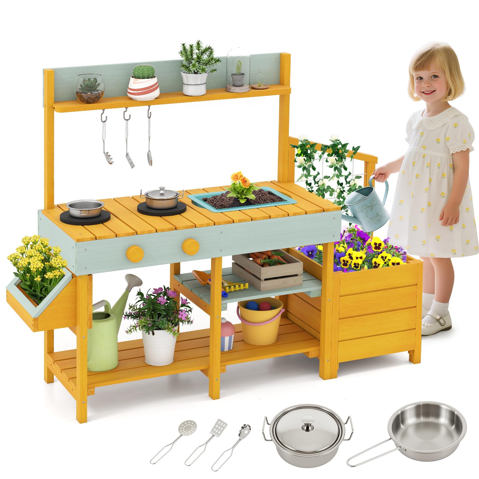 GYMAX Kids Mud Kitchen, Children Potting Bench Table with Removable Sink, Planter Boxes, Stoves, Trellis & Cooking Accessories, Outdoor Fir Wood Toy Kitchen for 3 Years Old+ (Yellow + Light Green)