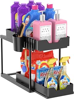 Under Sink Organizers and Storage Bathroom Organizer, 2 Tier Under Sliding Kicthen Cabinet Basket Organizer with Hooks, Hanging Cup, Dividers, Handles, Multi-purpose Under Sink Shelf Organizer, Black
