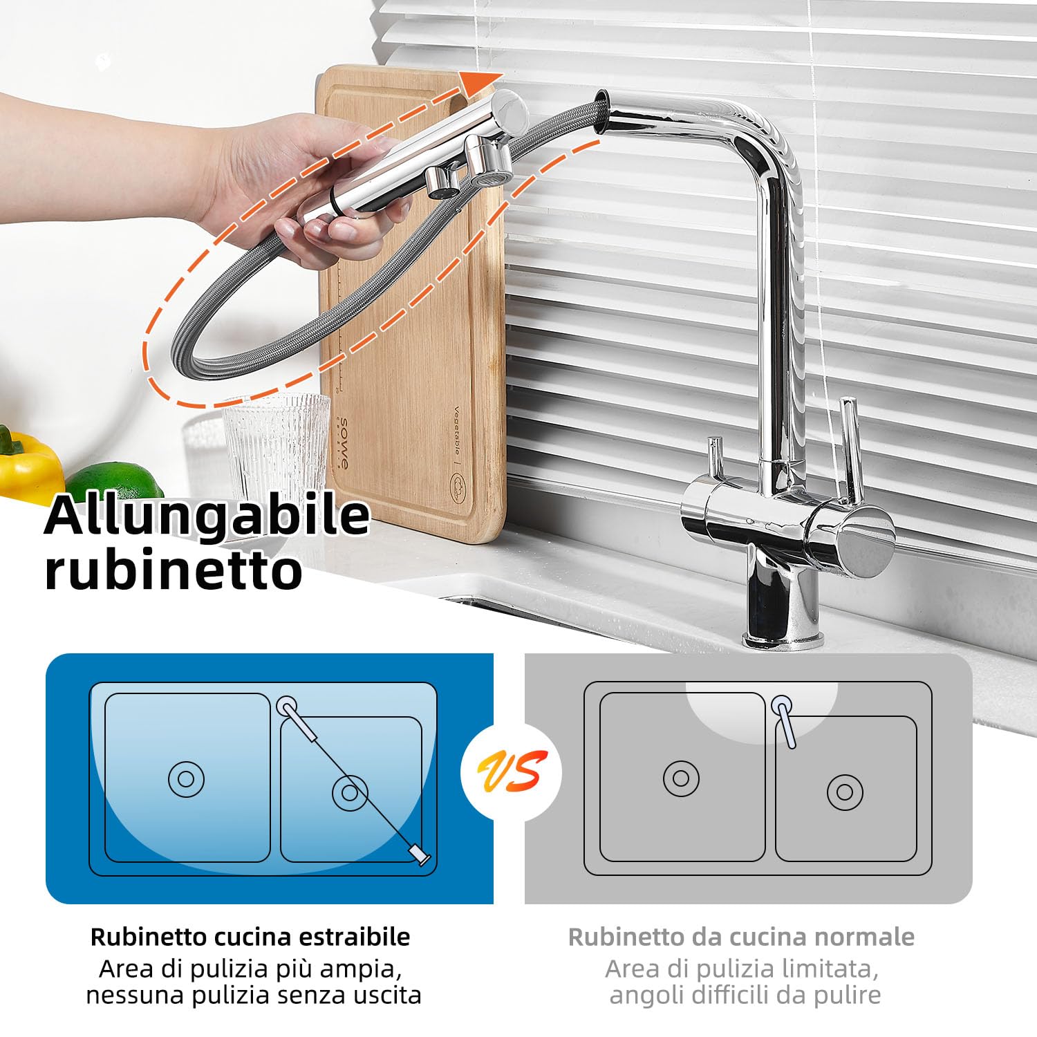 Rubinetto Cucina 3 Vie,rubinetto miscelatore girevole a 360°,Miscelatore per Lavello Con Beccuccio Flessibile, Rubinetto per Lavello Da Cucina per Acqua Fredda e Calda e Filtr