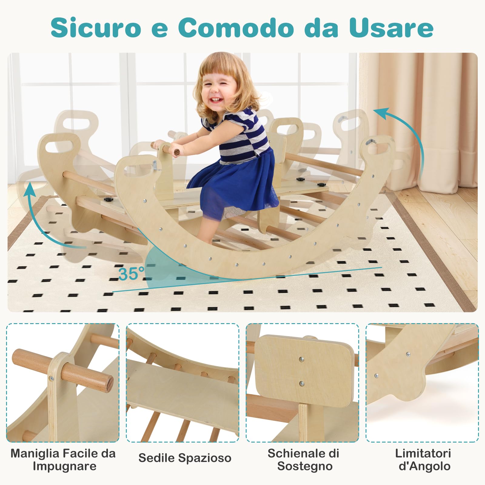 COSTWAY 4 in 1 Arrampicata per Bambini, Arco Cavallo a Dondolo Multifunzionale in Legno, Dondolo a 35°, Ideale per Bambini 1-5 Anni, 112 x 52 x 44 cm (Naturale)