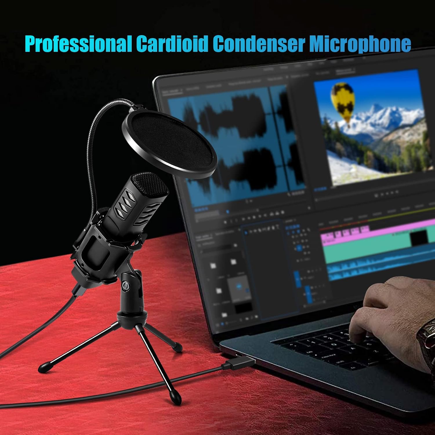 Yinhing Microphone, Professional Directional Condenser USB Microphone Mic with Anti Spray and Anti Vibration Integrated Frame + Desktop Small Tripod for Computers, Mobile Phones