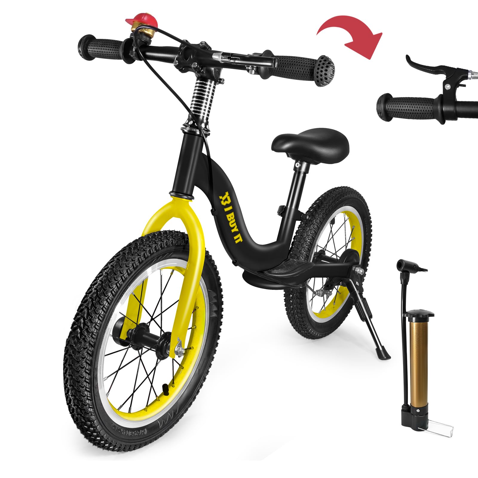 16 Inch Balance Bike for 3 4 5 6 7 Year Old Boys Girls, Adjustable Kids Balance Bike with Brake and Kickstand, No Padel Training Bicycle with Rubber Air Tyres, Footrest (Black & Yellow, 16 inch)