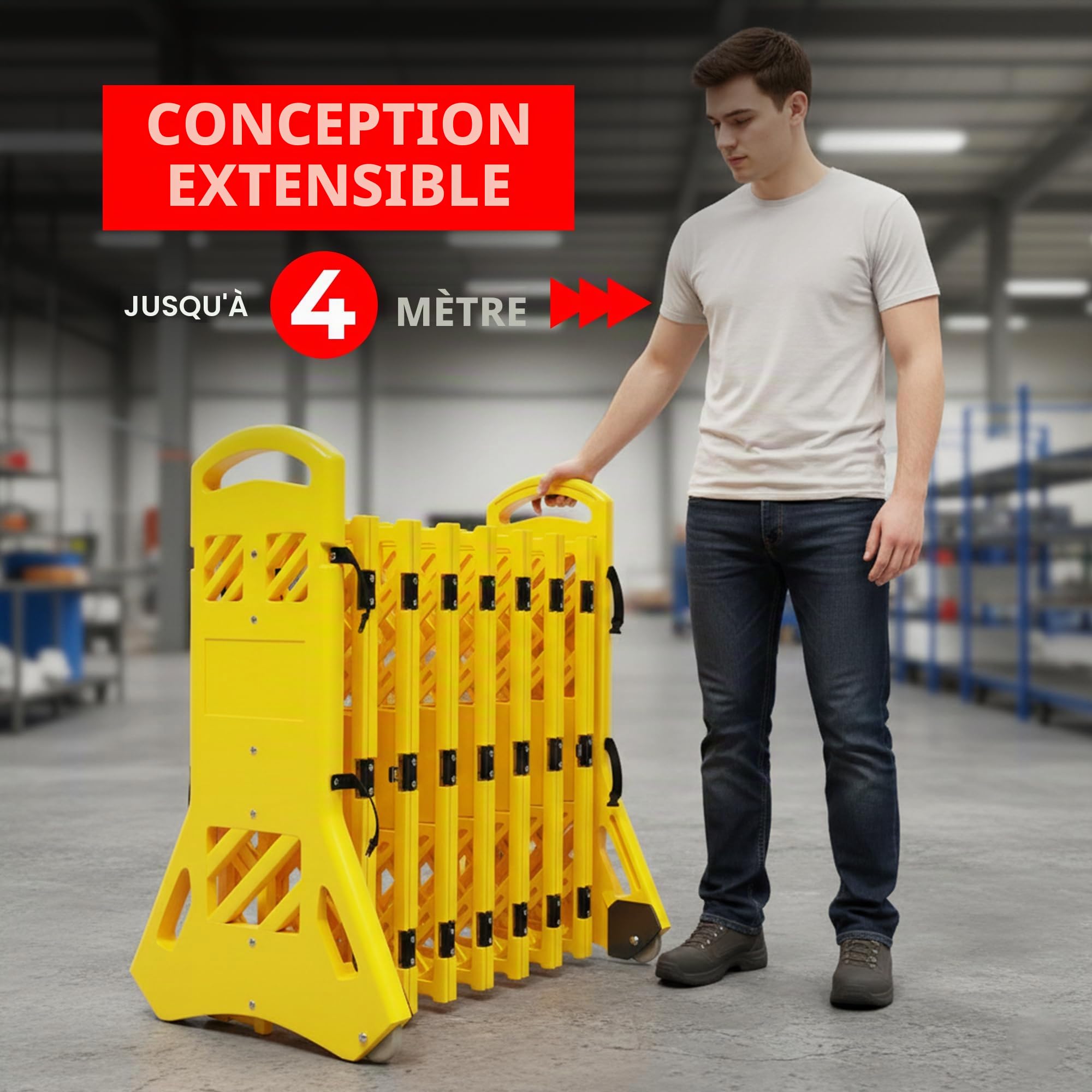 Barrière en plastique extensible pliable – Jaune | Barrière de sécurité mobile rétractable avec poignée de transport | Barrière en plastique pour contrôle temporaire de la circulation